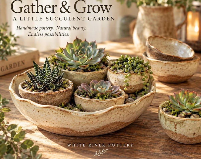 Handmade Ceramic Succulent Planter Set, 5 Piece Stoneware Dish Garden, Nesting Plant Bowls, Rustic Indoor Planter, Optional Drainage