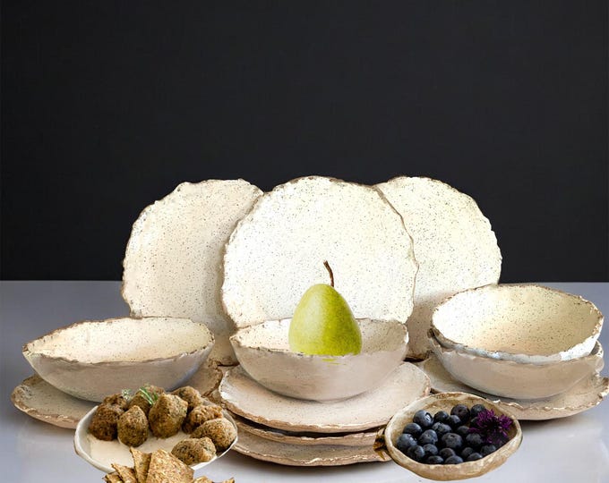12pc Dinnerware set, Rustic, Organic Edge,Pottery Plates, Very Rustic, Set for 4, Hand formed, farmhouse table, rustic tableware,