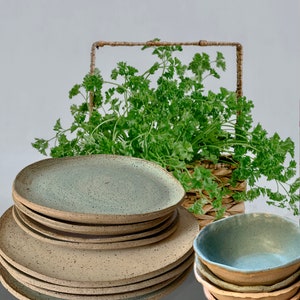 12pc Plates & Bowls set,Rustic Pottery Plates, Very Rustic, Set for 4, Hand formed, farmhouse table, rustic tableware,