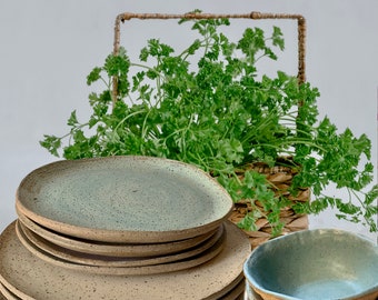 12pc Plates & Bowls set,Rustic Pottery Plates, Very Rustic, Set for 4, Hand formed, farmhouse table, rustic tableware,