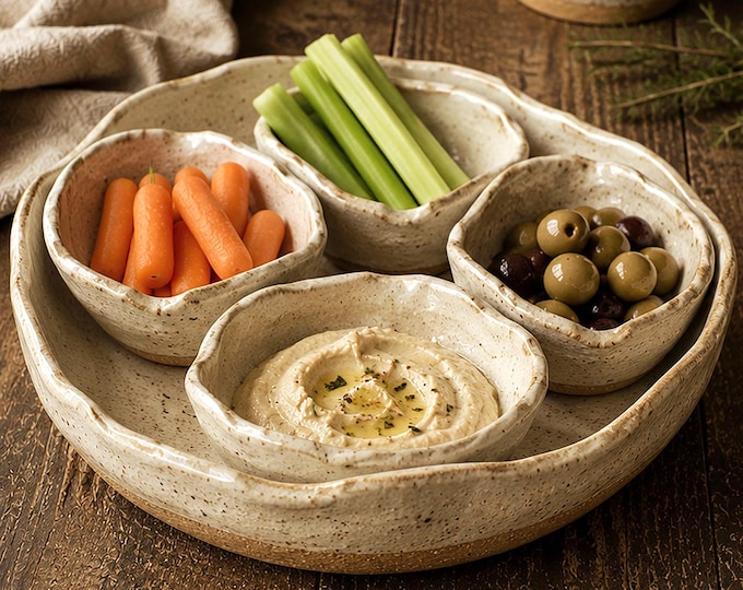 5 pc Crudités Set, Rustic Pottery Bowls,Hand formed, custom glaze, farmhouse table, rustic tableware, ceramic