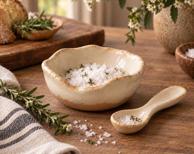 Hand-Formed Stoneware Salt Cellar with Scoop, Rustic Farmhouse Tableware