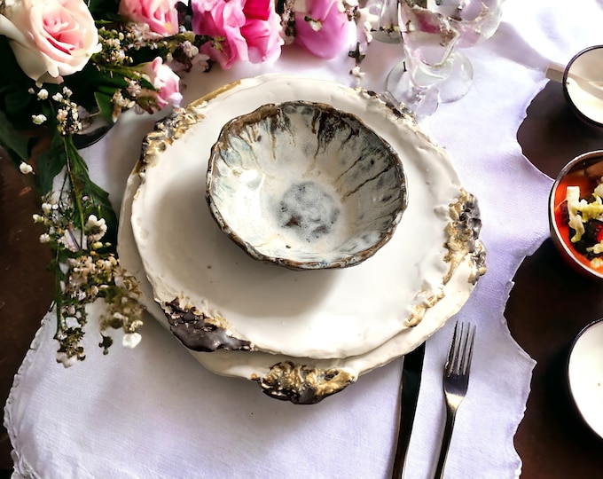 12pc Place Setting, Dinner Plate 9.5inches  with salad plate and bowl, RusticHand formed,customglaze, rustic tableware,