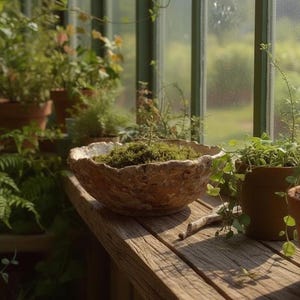 May include: A rustic, textured, brown bowl filled with green moss sits on a weathered wooden surface. The bowl is surrounded by potted plants and greenery, with a sunlit window in the background, creating a serene, natural aesthetic.