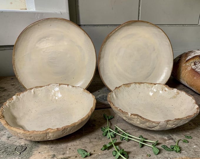 2 Pasta Bowls with plates, 2 Bowls + 2 Plates Set, Warm in Oven,Organic Edge, Rustic, Rustic Dinnerware, Very Rustic, Set of 4 pieces
