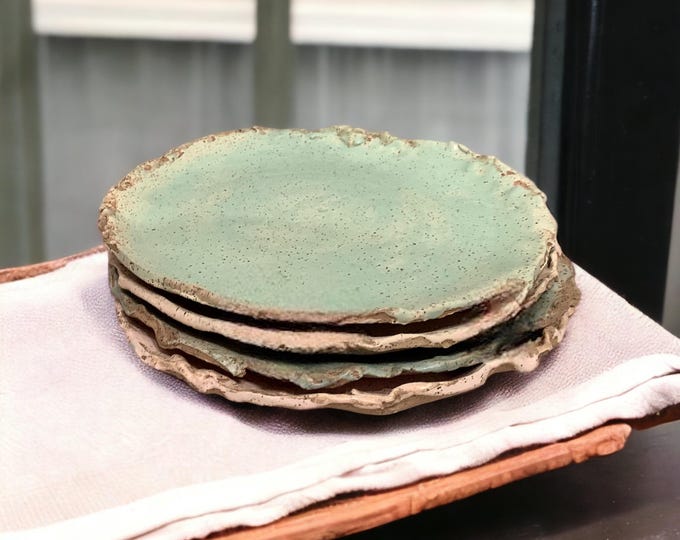 Dinner Rustic Edged Pottery Plates, Handmade, Very Rustic, Hand formed, custom glaze, farmhouse table, rustic tableware,