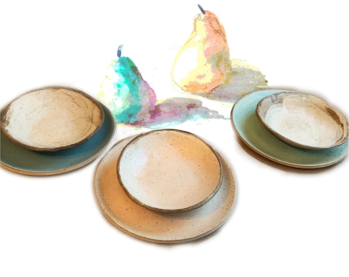 Rustic Pottery Bowl AND Plate, One Each, Hand formed, custom glaze, farmhouse table, rustic tableware, Hand Made Pottery, Dinnerware