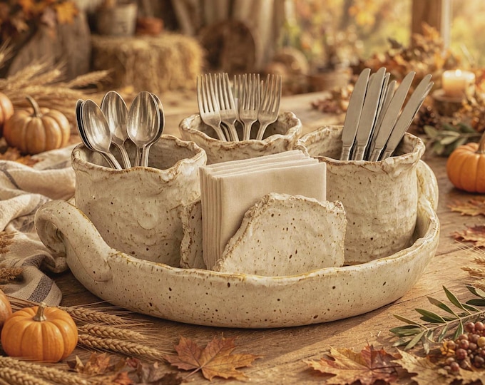 Handmade Stoneware Buffet Caddy Set, 5 Piece Flatware Organizer with Napkin Holder, Rustic Christmas Hostess Gift