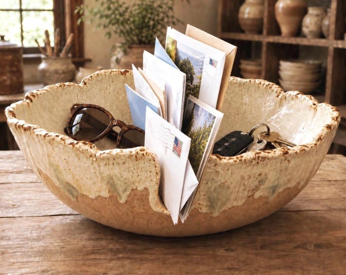 Handmade Ceramic Mail Organizer | Rustic Entryway Catchall Bowl | Key Holder & Mail Station | 10–11 Inch Stoneware