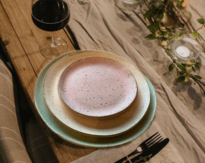 Plates set,3 Place setting, Dinner Plate 9.5 in, Shallow Boplate, side plate,RusticHand formed,customglaze, rustic tableware,