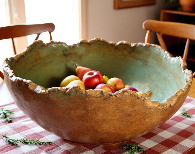 LARGE Serving Bowl, Rustic Pottery, Hand formed, custom glaze, farmhouse table, rustic tableware,