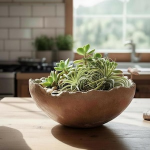 May include: A decorative, textured, brown bowl filled with various green succulents and small stones. The bowl sits on a wooden table, with a kitchen and window in the background. A white mug and folded cloth are on the table.