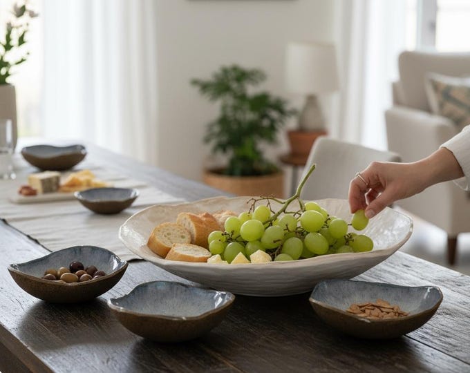 5 pc Crudités Set, Rustic Pottery Bowls, Hand formed, custom glaze, farmhouse table
