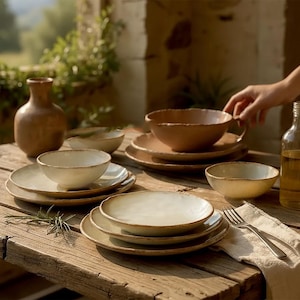 Handmade Rustic Stoneware Dinnerware Set for 4, Farmhouse Table