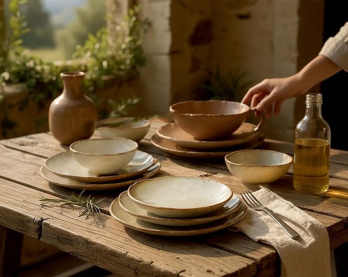 Handmade Rustic Stoneware Dinnerware Set for 4, Farmhouse Table