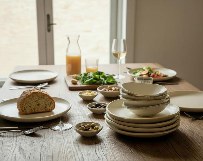 Rustic Stoneware Dinnerware Set for 6, Hand-Formed Pottery Plates, Farmhouse Tableware