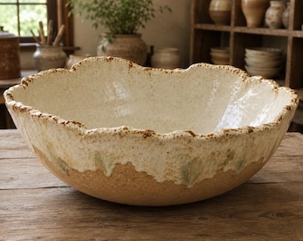 Large Rustic Pottery Serving Bowl, Hand Formed Glaze, Farmhouse Tableware, Ceramic 11.5-12.5 in
