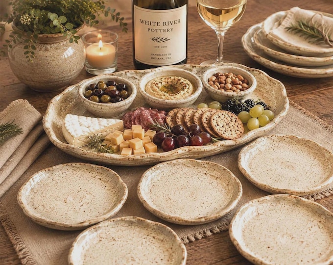 Complete 8pc Gather & Graze Pottery Serving Set, Handmade Charcuterie Platter, Appetizer Set, Grazing Board, Rustic Farmhouse Tableware