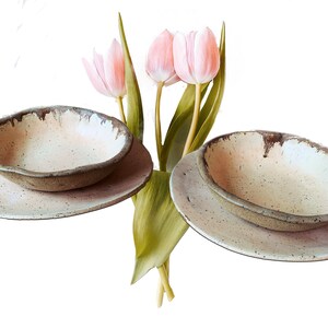 4 pc, Rustic Pottery Bowls AND Plates, OOAK,Hand formed, custom glaze, farmhouse table, rustic tableware, Hand Made Pottery, Dinnerware