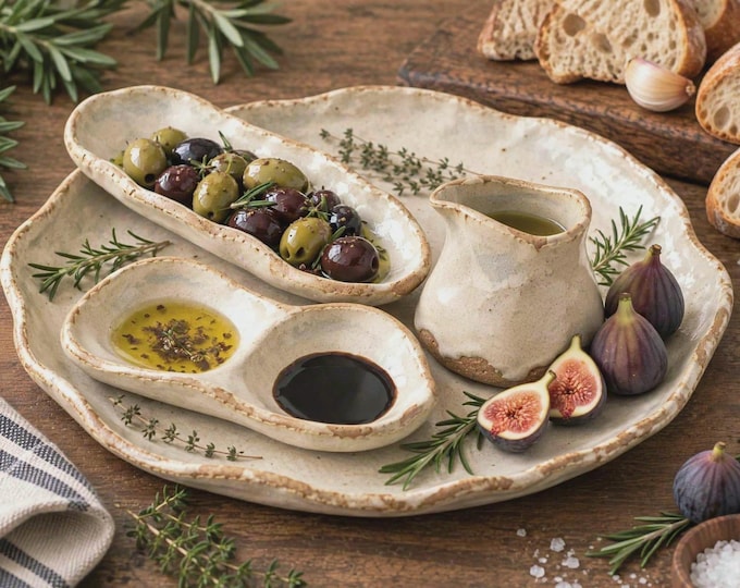 Handmade Stoneware Grazing Set, 4 Piece Mediterranean Serving Set, Rustic Charcuterie Platter with Olive Dish & Dipping Bowls
