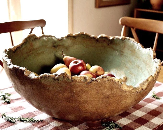 LARGE Serving Bowl, Rustic Pottery, Hand formed, custom glaze, farmhouse table, rustic tableware,