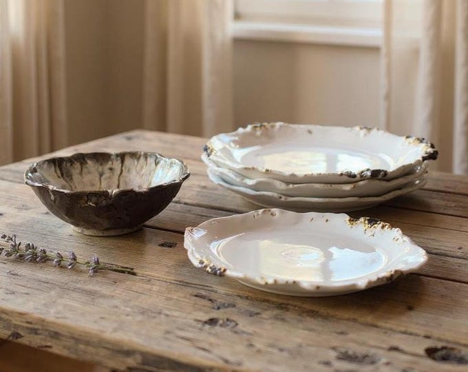 12pc Place Setting, Dinner Plate 9.5inches  with salad plate and bowl, RusticHand formed,customglaze, rustic tableware,