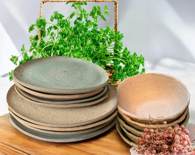 12pc Dinnerware set, Rustic, Pottery Plates, Very Rustic, Set for 4, Hand formed, farmhouse table, rustic tableware,