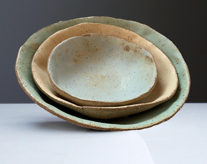 Nesting Bowl Set,3, Rustic Pottery Bowls, Very Rustic, Set of 3, Hand formed, custom glaze, farmhouse table, rustic tableware,