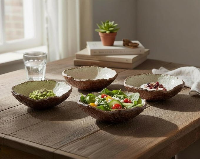 Rustic Handmade Stoneware Bowl Set, Craggy Salad Bowls, Set of 4