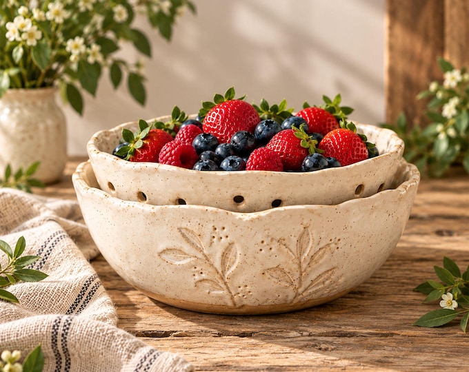 Handmade 2 Piece Berry Bowl Set, Stoneware Berry Colander and Catch Bowl, Rustic Farmhouse Pottery, White River Pottery