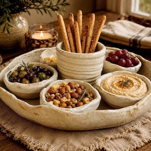 May include: A cream-colored ceramic serving platter with an irregular, organic edge, featuring a central ribbed cup filled with breadsticks and four smaller bowls containing olives, grapes, hummus, and a mix of nuts and cheese cubes.