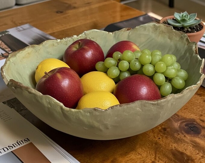 Large Glazed Pottery Bowl, Hand Sculpted Farmhouse Table Centerpiece
