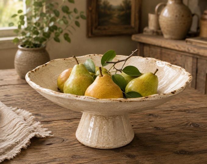 Large Pedestal Serving Bowl, centerpiece, 2 pc Rustic Pottery, Hand formed, custom glaze, farmhouse table, rustic tableware,