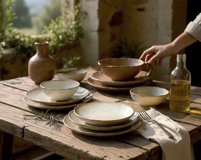 Settings for 6, 18pc Dinnerware set, Rustic, Pottery Plates, Handmade, Stoneware, DW Safe,