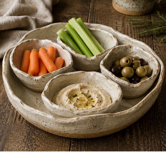 5 pc Appetizer Set, Crudités Dish, Rustic Pottery Bowls,Hand formed, custom glaze, farmhouse table, rustic tableware, ceramic