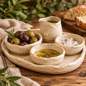 May include: A ceramic serving set featuring an oval tray, a small pitcher, and three round bowls with uneven, organic edges. The pieces have a speckled cream glaze with exposed terracotta-colored clay bases, containing olives, oil, and salt.