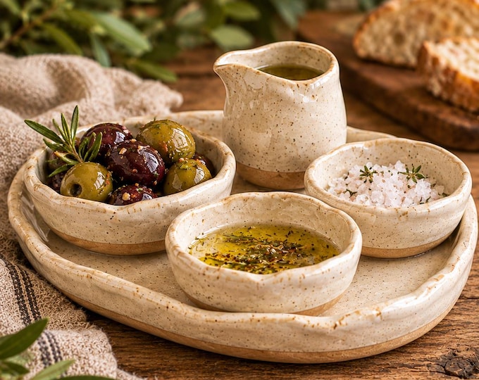 Handmade Olive Oil & Dipping Set, Stoneware Olive Bowl, Salt Cellar and Pourer, Rustic Appetizer Serving Set, White River Pottery