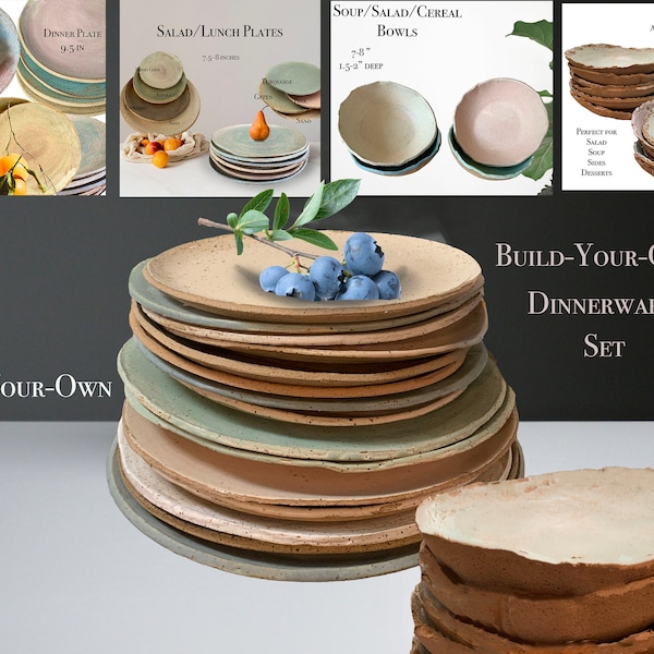Build-your-own, Dinnerware Service,Plates & Bowls set,Rustic Pottery Plates, Very Rustic, Hand formed, farmhouse table, rustic tableware,