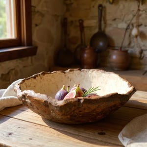 May include: A rustic, square-shaped bowl with a textured, off-white interior and a brown, rough exterior. The bowl is filled with fresh figs, some sliced, and a sprig of rosemary. The bowl sits on a wooden table, suggesting a natural, organic theme.