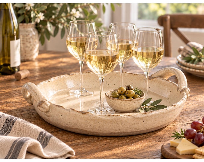 Handmade Pottery Serving Tray with Handles | Rustic Cream Stoneware | Wine & Appetizer Tray | Farmhouse Entertaining Gift