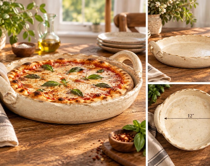 Handmade Stoneware Pizza Warmer & Serving Tray | Fits 12 Inch Pizza | Oven-Warmable Handled Pottery Platter