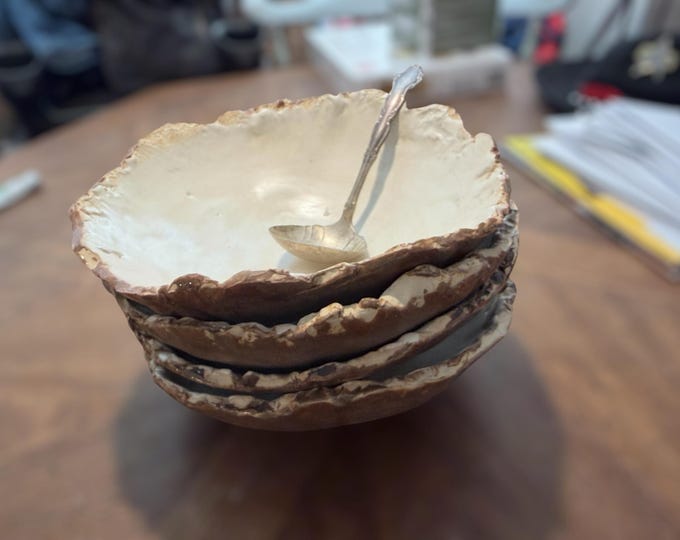 4 Soup or Salad Bowls,Rustic Organic Edge, Rustic Dinnerware, Very Rustic, Hand formed, custom glaze, farmhouse table, rustic tableware,