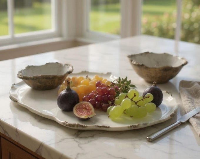 3 pc Serving Platter w/ dipping bowls, Rustic Pottery, Very Rustic,  Hand formed, custom glaze, farmhouse table, rustic tableware,