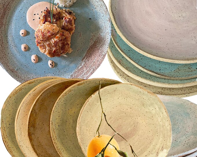 Dinner Pottery Plates, Handmade, Very Rustic, Hand formed, custom glaze, farmhouse table, rustic tableware,