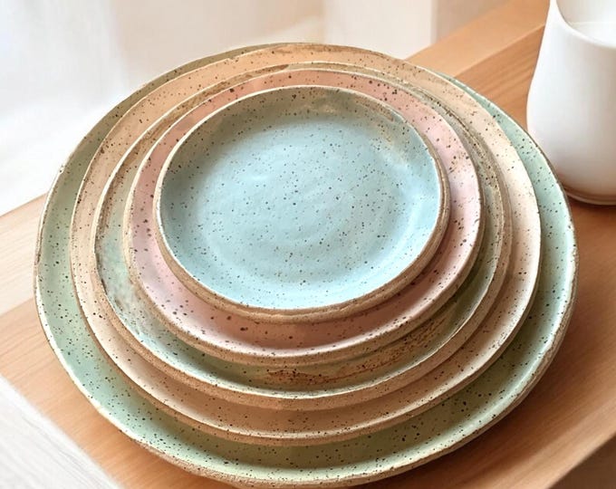 5 Plates Rustic Nesting Pottery Plates, Very Rustic, Set of 5 Nesting Plates, Hand formed, custom glaze, farmhouse table, rustic tableware,
