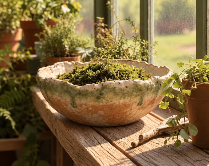 Large 10-12 in Planter Pot, Succulents Pot, Stoneware Planter, Organic, Very Rustic, Hand formed, custom glaze, Planet-Friendly Glazes