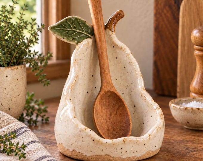 Upright Pottery Spoon Rest, Handmade Stoneware Utensil Holder, Rustic Ceramic Spoon Rest, Heritage Cream Kitchen Pottery