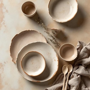 May include: A collection of off-white ceramic dinnerware including two round plates, two small bowls, and one large bowl with irregular, textured edges. Two light-colored spoons and a piece of dried foliage are arranged near a beige fabric cloth.