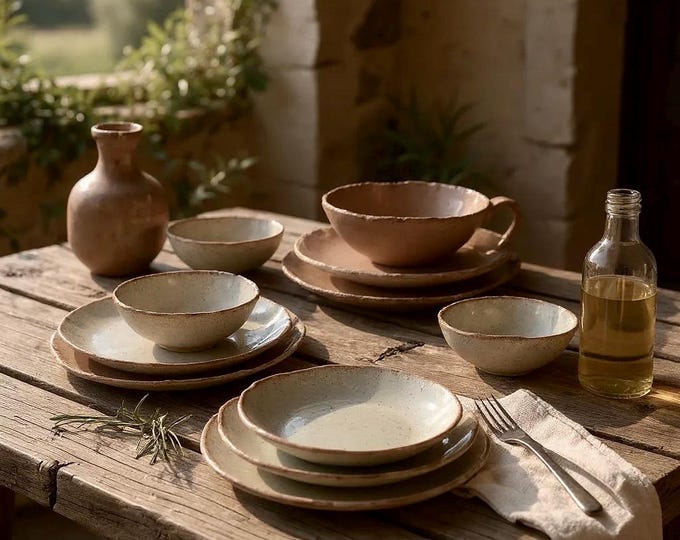 SAMPLES for 20pc Dinnerware set, Rustic, Pottery Plates, Very Rustic, Hand formed, farmhouse table, rustic tableware,
