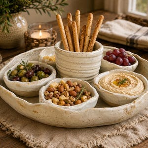 May include: A cream-colored ceramic serving set featuring a large, irregular, speckled platter with four attached bowls and a central, taller, ribbed cylindrical container. The set is filled with breadsticks, olives, nuts, grapes, and hummus.